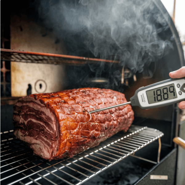 A digital meat thermometer inside a smoker