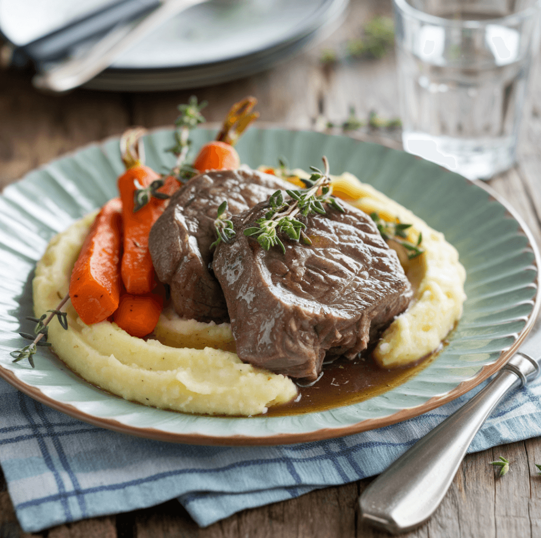 Braised beef cheeks plated with mashed potatoes, carrots, and thyme on a rustic table.