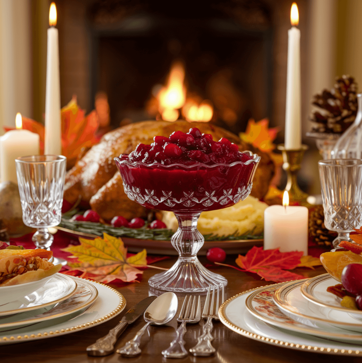 A bowl of canned cranberry sauce on a festive Thanksgiving table with turkey and autumn decorations.