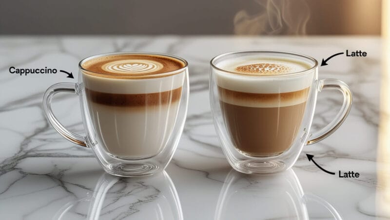 Side-by-side comparison. cappuccino or latte with labeled layers