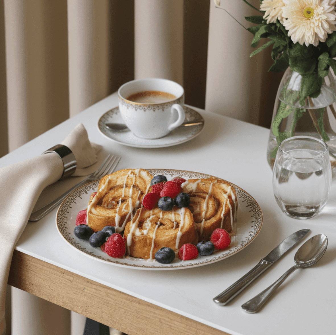 A beautifully set breakfast table featuring cinnamon roll French toast topped with icing and fresh berries, alongside a cup of coffee and a vase with fresh flowers.