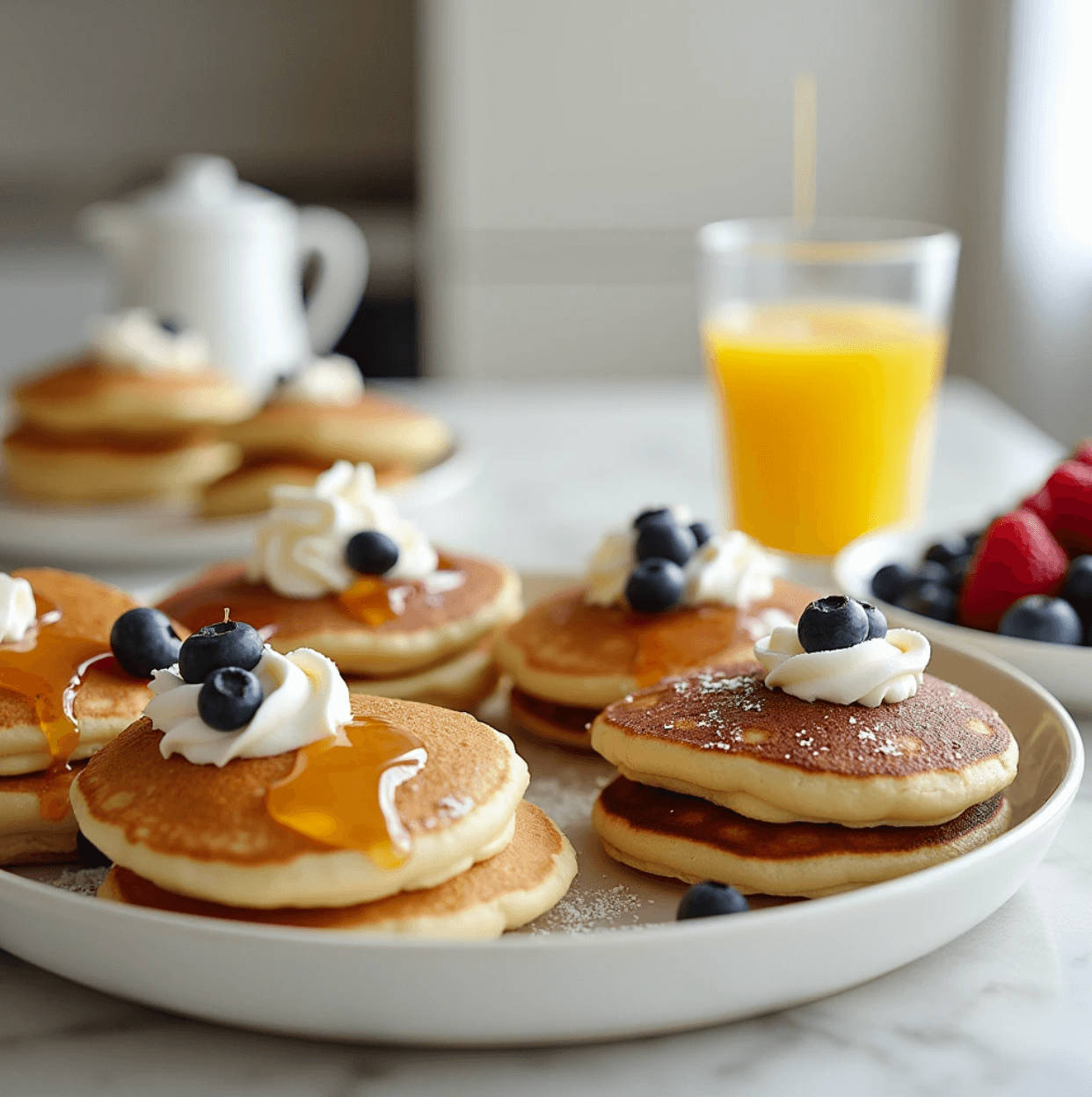 A breakfast table with a variety of mini pancakes and toppings.