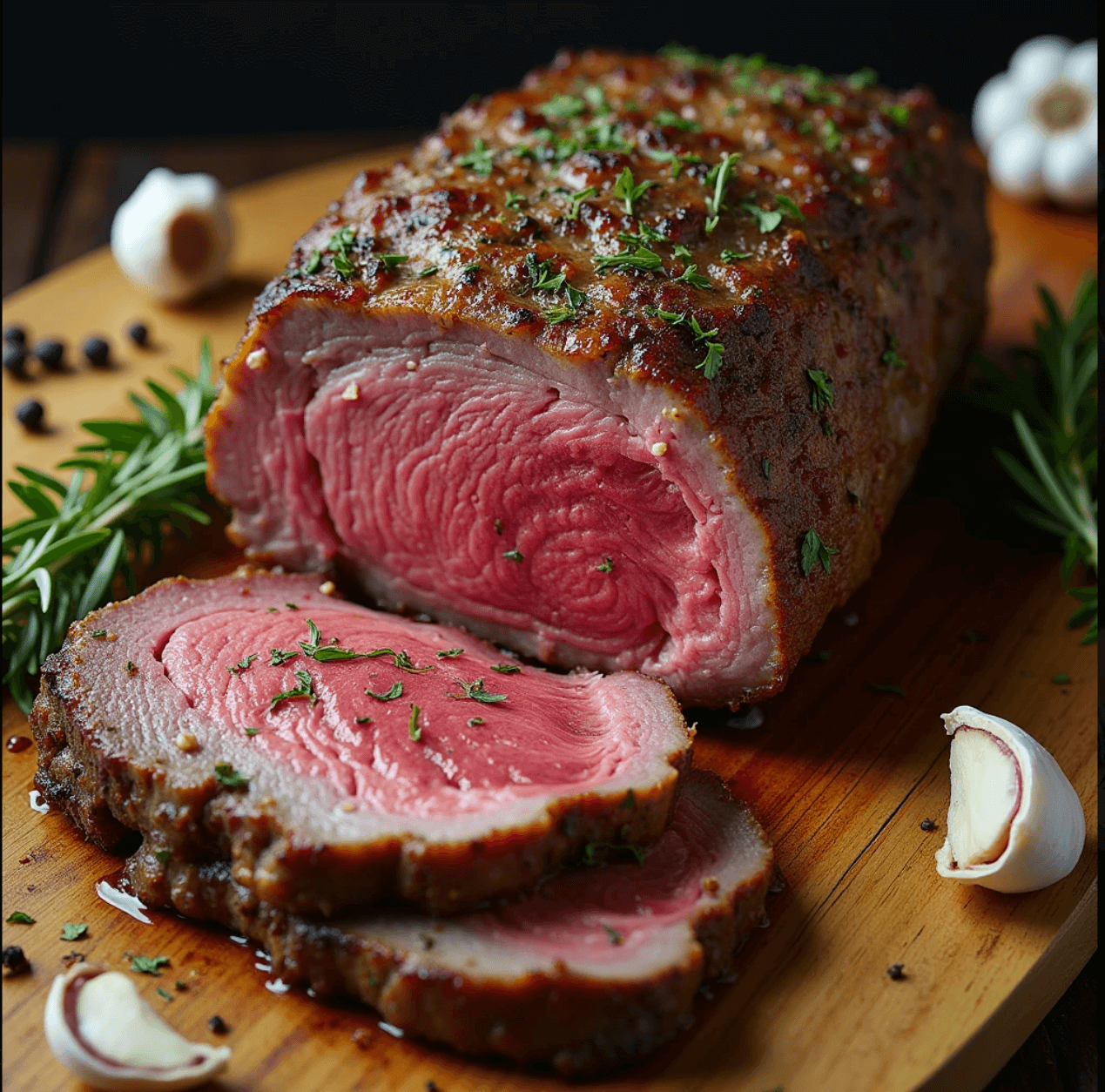 Beautifully roasted prime rib seasoned with herbs and spices on a wooden cutting board.