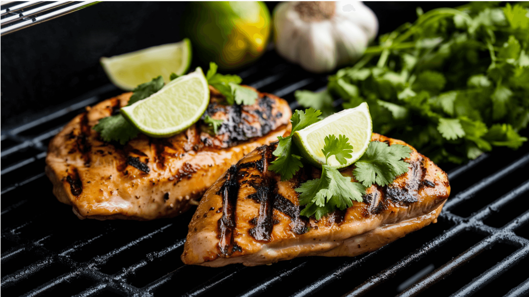 Juicy grilled Mexican chicken breasts with char marks, garnished with cilantro and lime wedges.