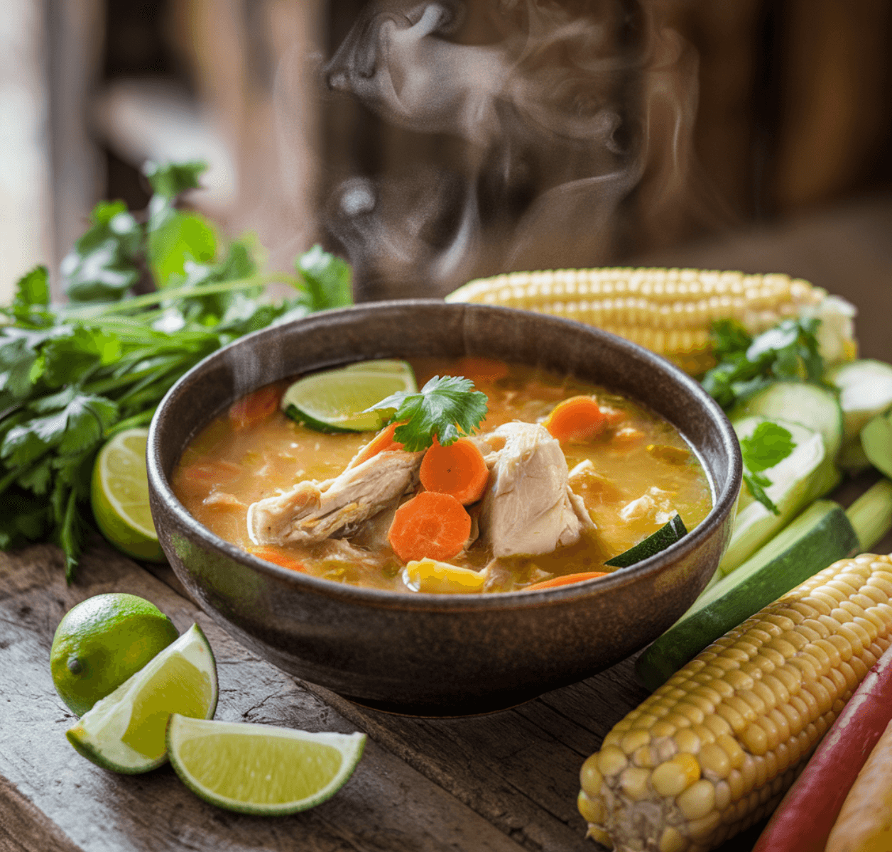 Bowl of caldo de pollo with fresh ingredients and steam rising