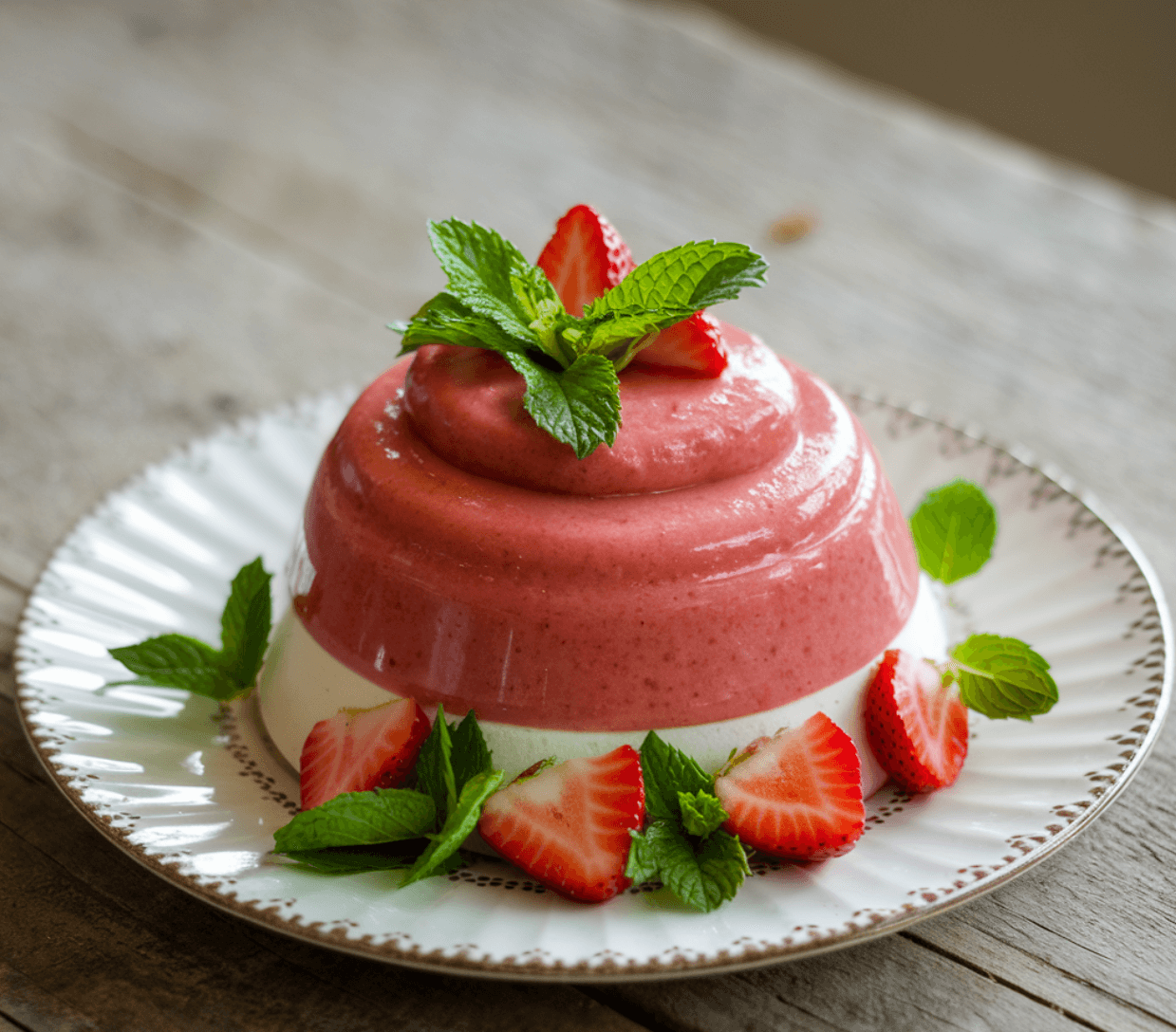 A dessert garnished with strawberry puree, fresh strawberries, and mint