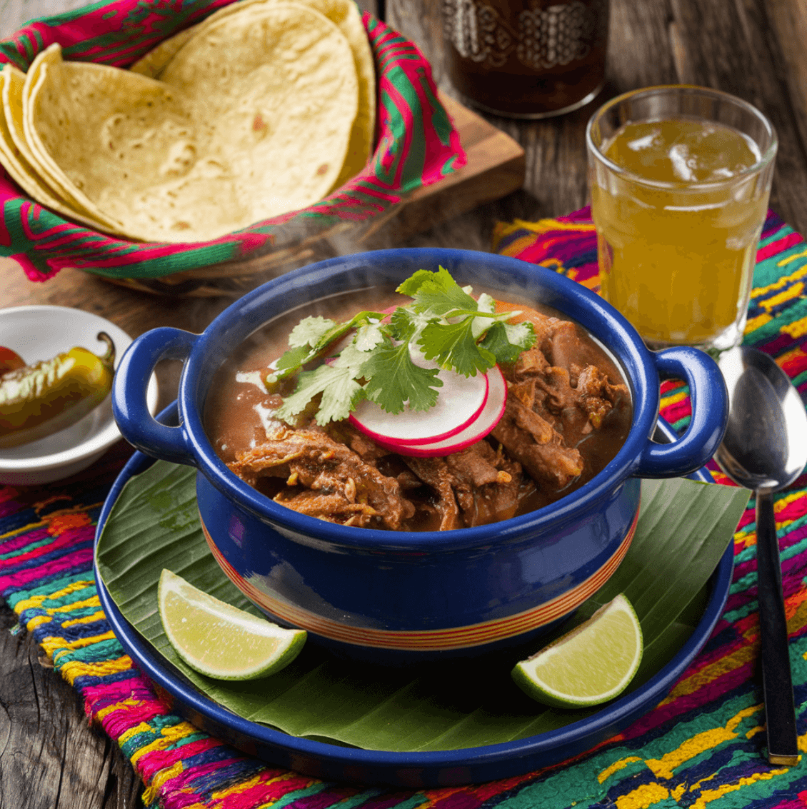 A bowl of Carne en Su Jugo, garnished with fresh cilantro, radishes, and lime wedges, surrounded by corn tortillas and pickled jalapeños on a rustic table.