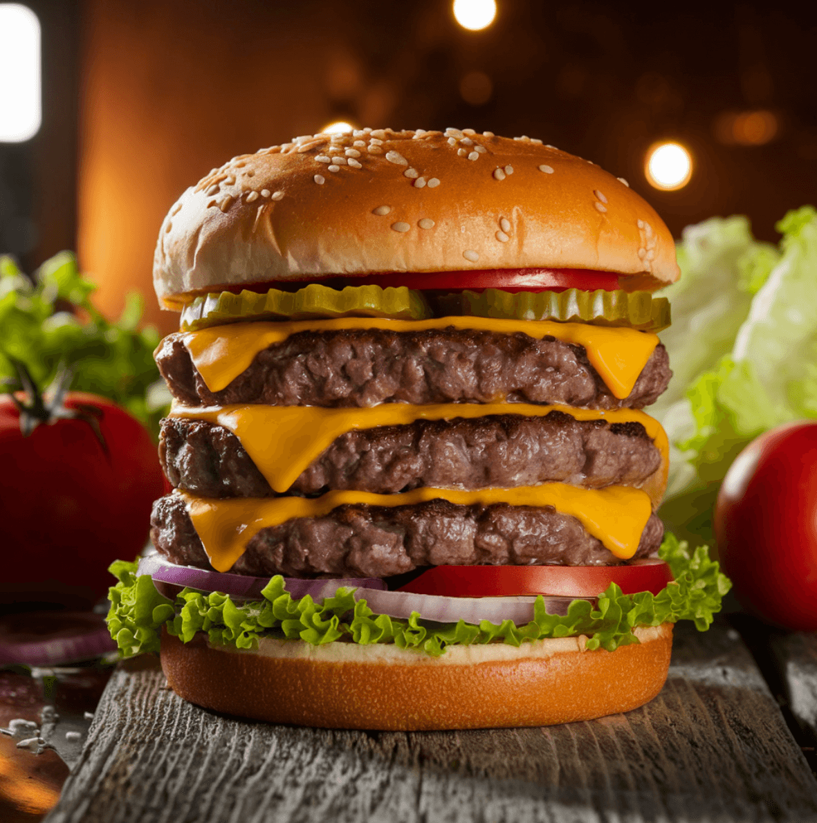 A mouthwatering double cheeseburger with cheese, lettuce, tomato, and pickles on a sesame seed bun.