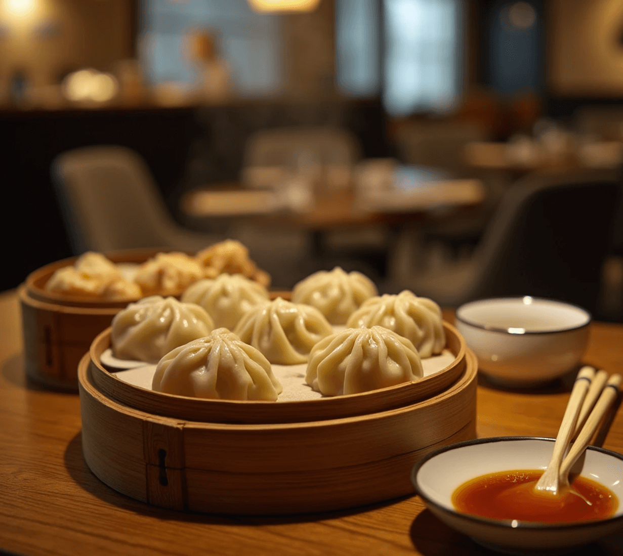 A luxurious table setting with a steamer of dumplings and dipping sauce, highlighting Dumpling King’s dining experience.