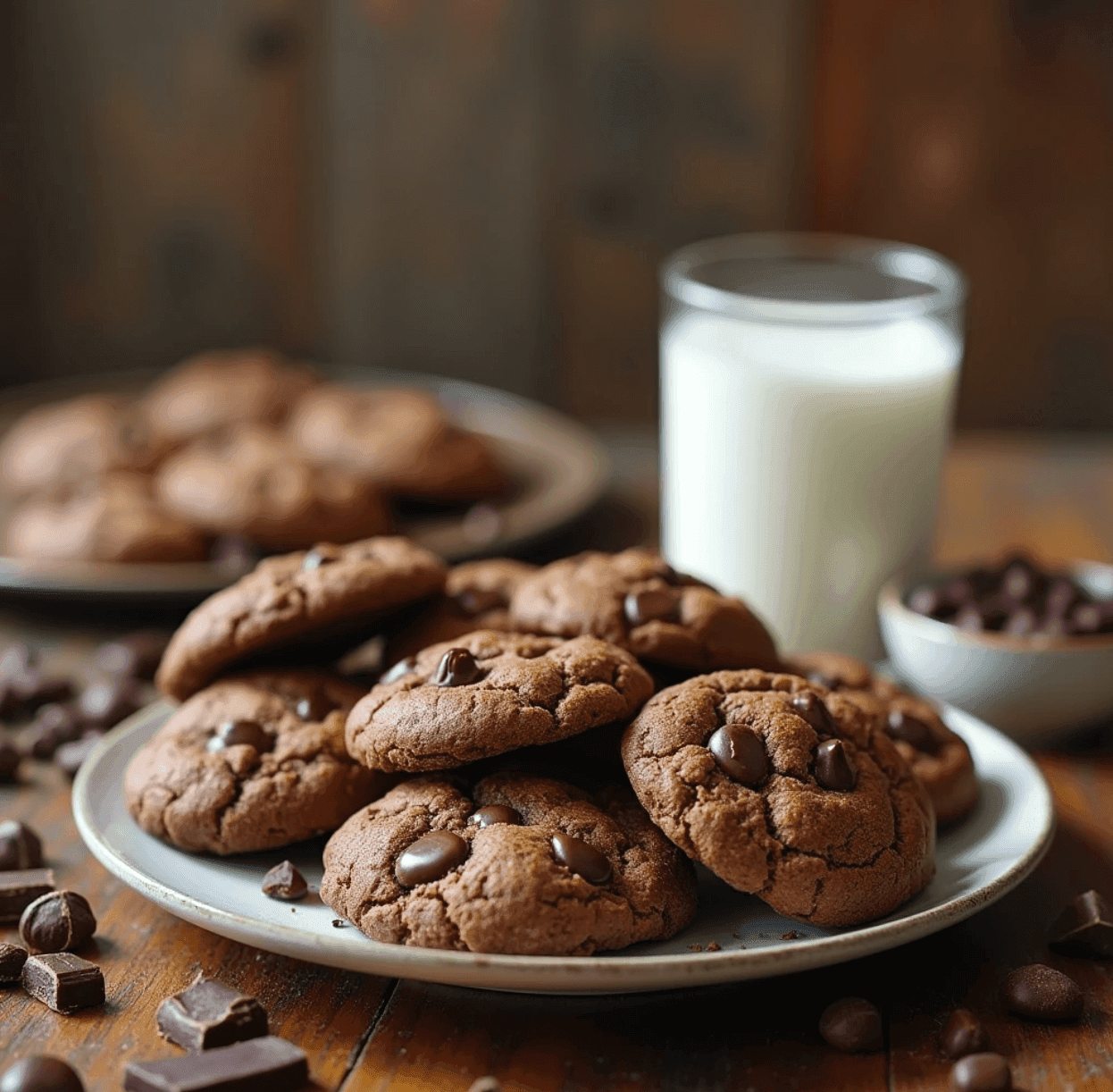 Plate of freshly baked double chunk chocolate cookies with chocolate chunks and a glass of milk.