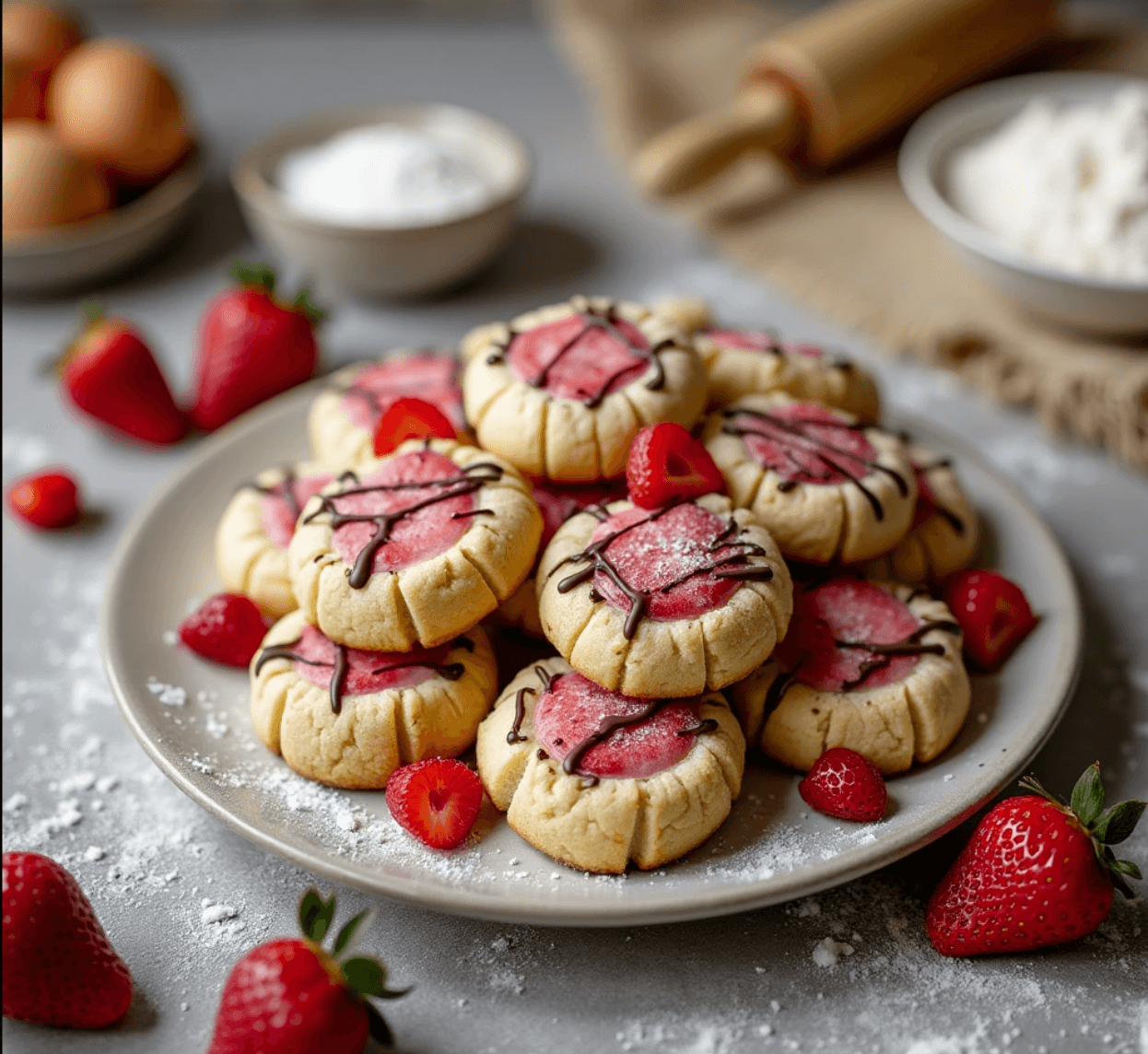 A plate of strawberry cheesecake cookies with fresh strawberries and chocolate drizzle.