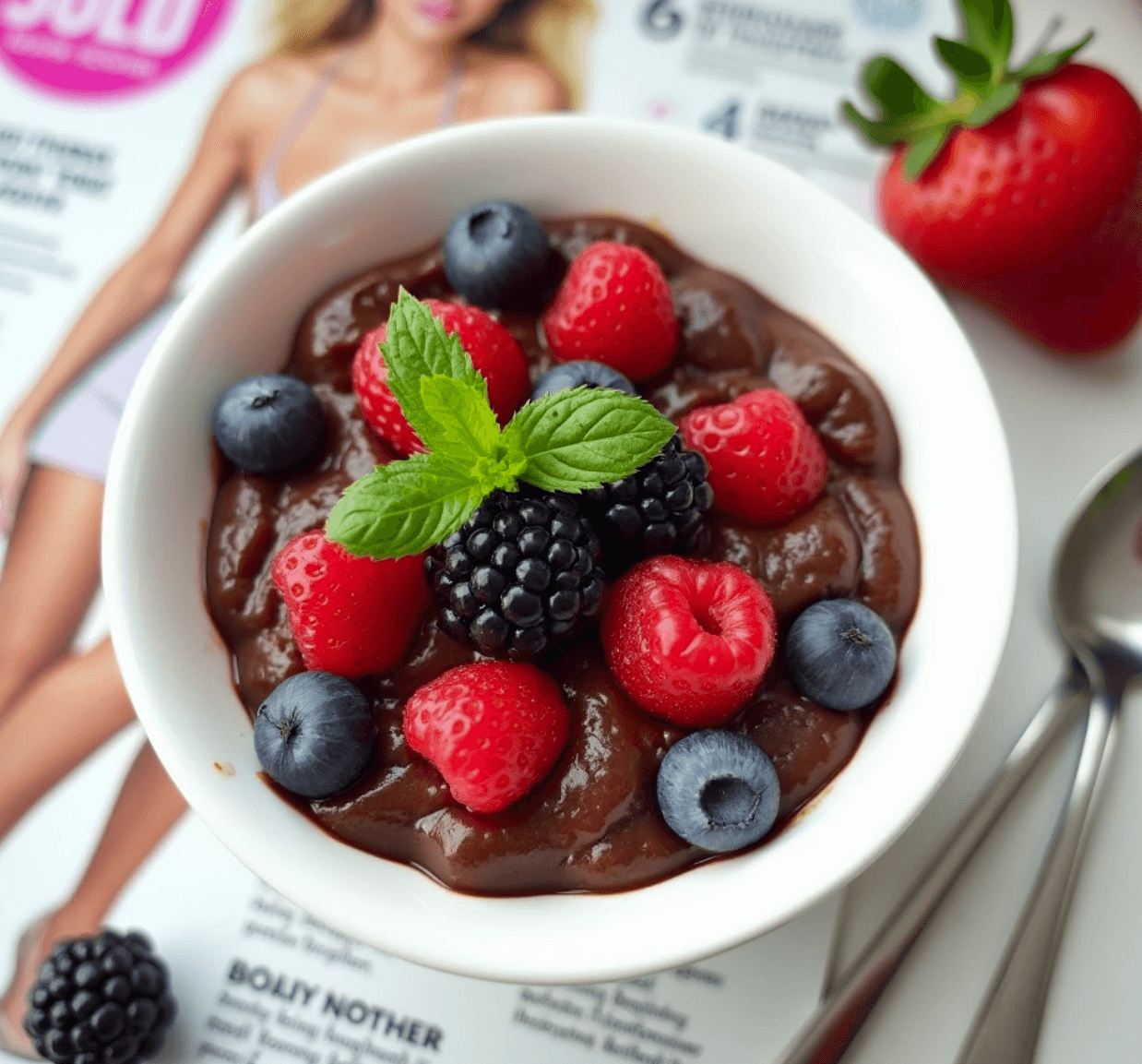 A bowl of chocolate protein pudding garnished with berries and mint leaves, with a spoon and a fitness magazine in the background.