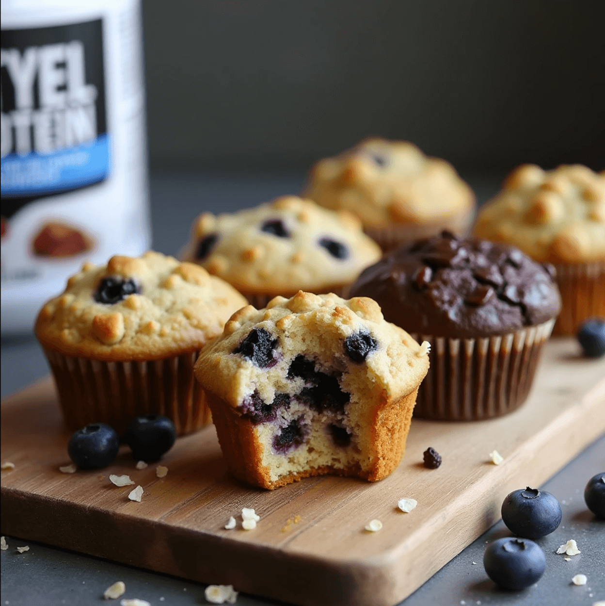 A variety of protein muffins on a wooden table with a container of protein powder in the background.