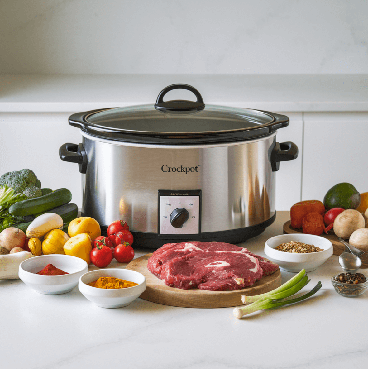 A crockpot surrounded by fresh vegetables, raw meat, and spices on a modern kitchen countertop.