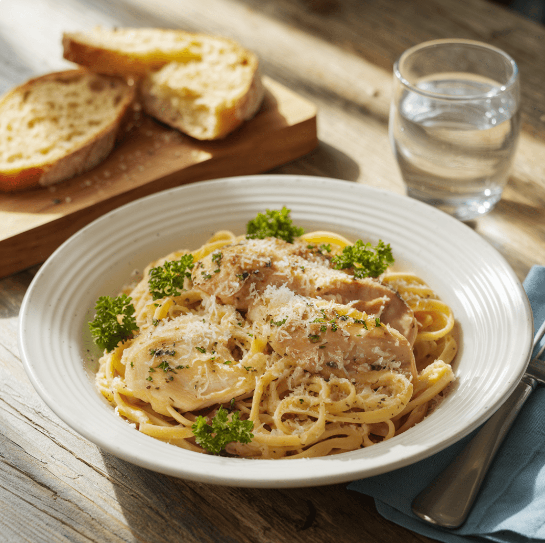 Garlic Parmesan Chicken Pasta served with parsley, grated parmesan, garlic bread, and white wine on a wooden table.