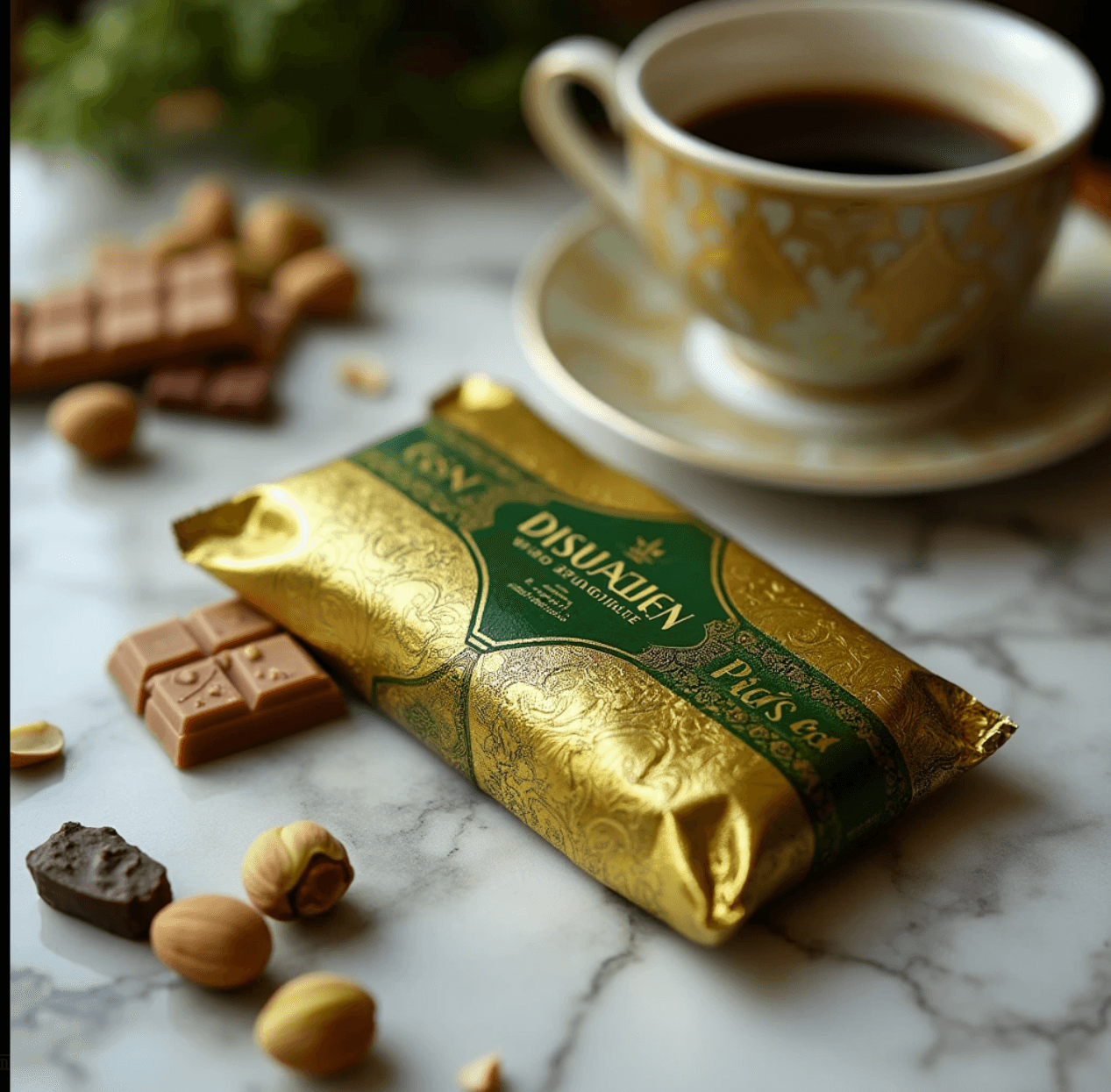 Luxurious pistachio chocolate bar in elegant packaging with pistachios, chocolate pieces, and coffee on a marble table.