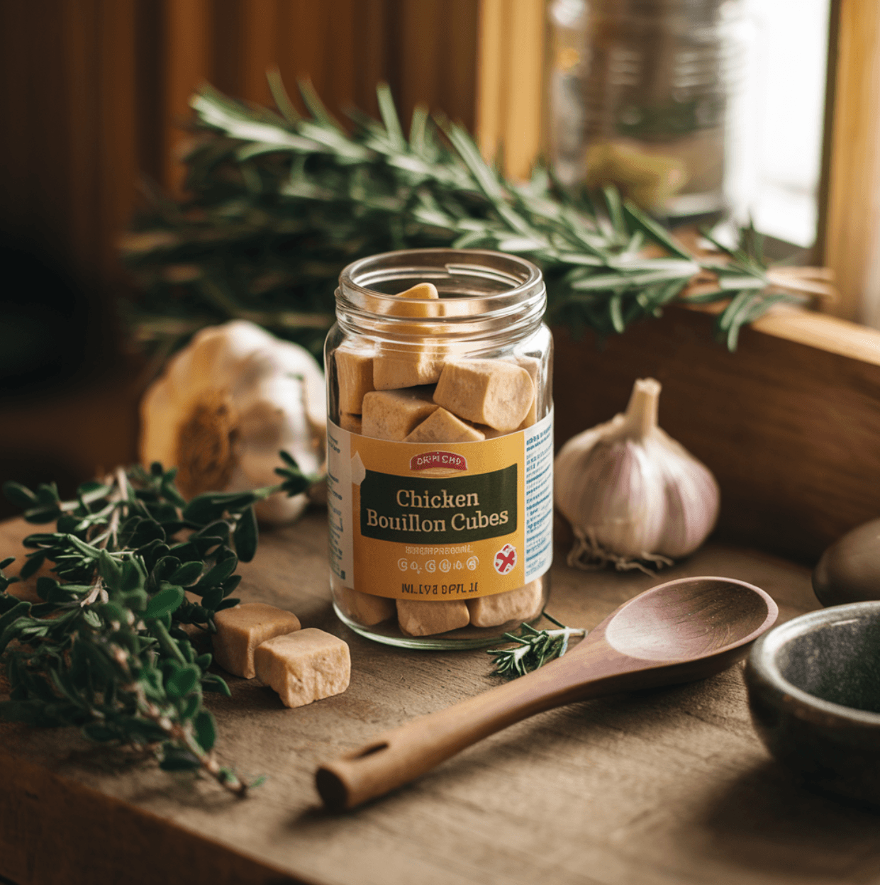 Jar of chicken bouillon cubes with herbs and garlic on a rustic kitchen counter.