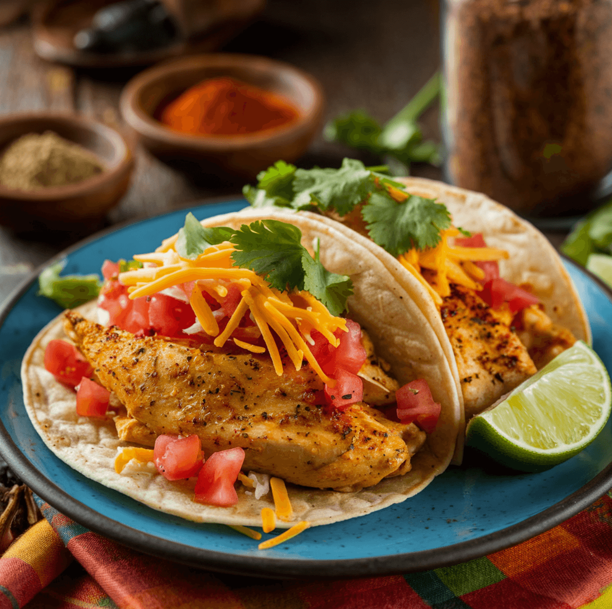 Close-up of chicken tacos seasoned with homemade taco seasoning, garnished with fresh cilantro and lime.