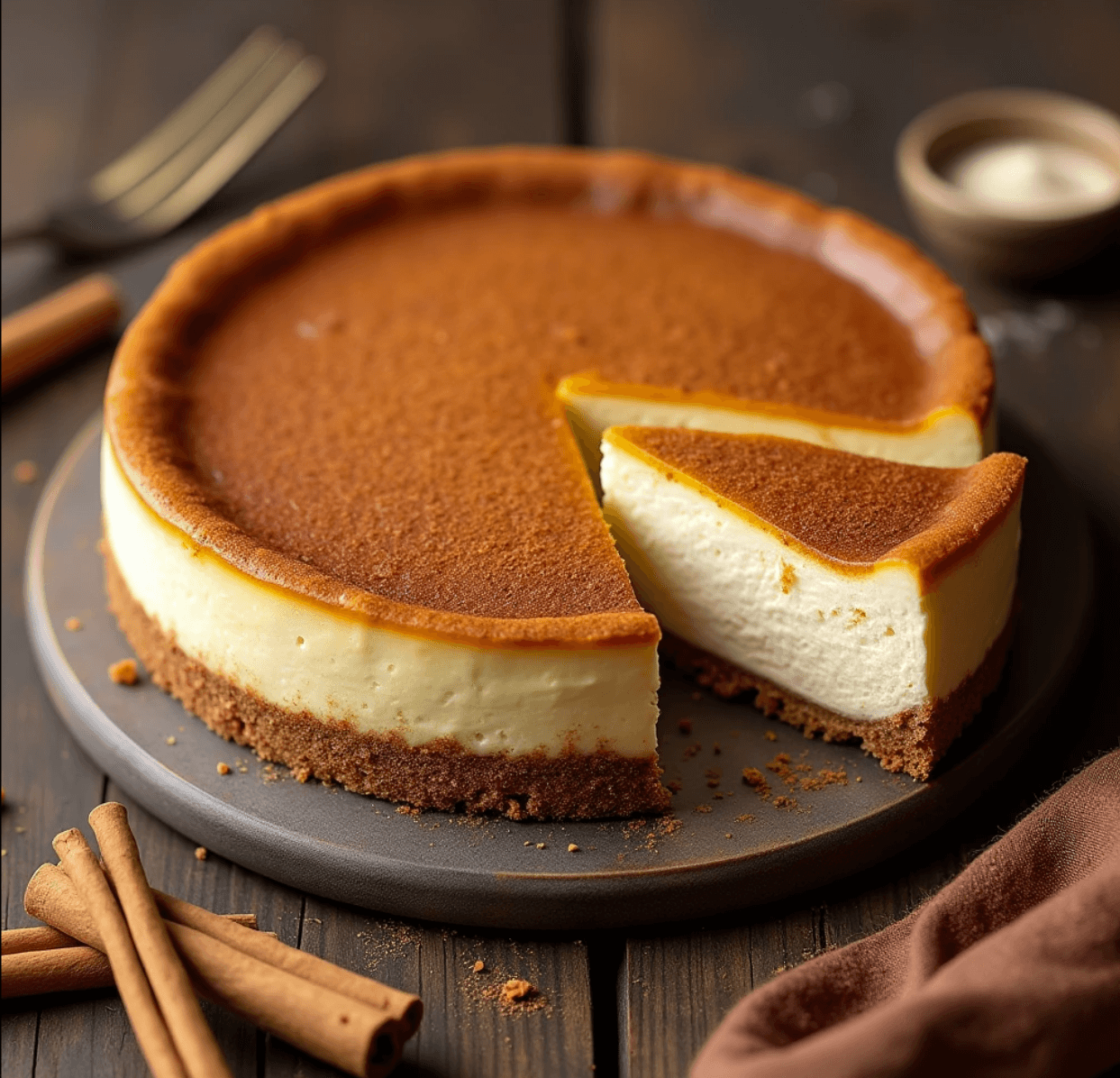 A golden churro cheesecake with a slice cut out, presented on a wooden table with cinnamon sticks and sugar.