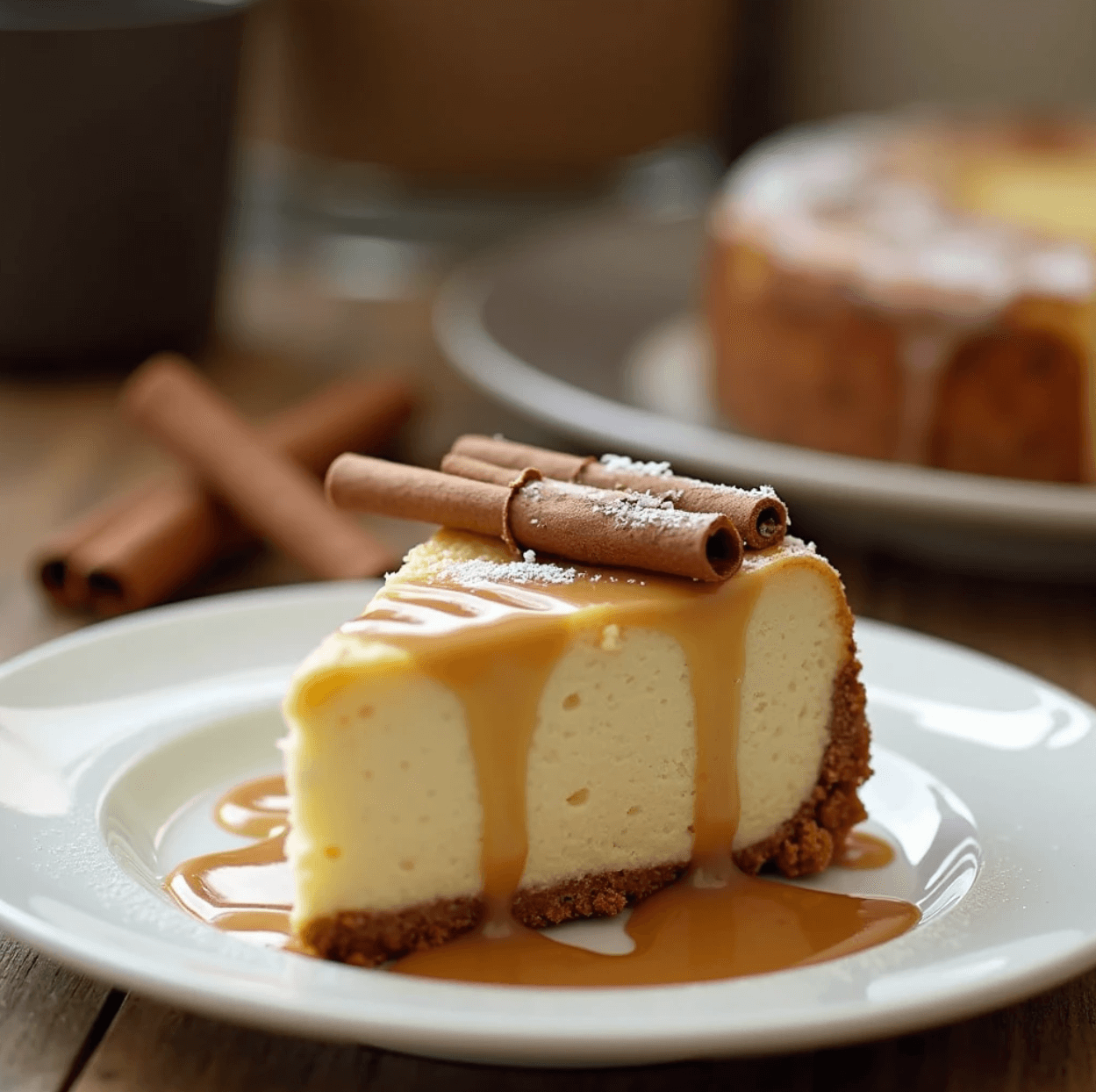 Slice of cinnamon roll cheesecake with icing and cinnamon garnish.