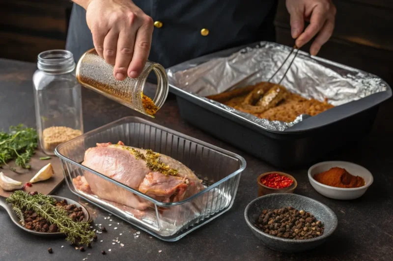 Chef preparing smoked meat: brining chicken, applying dry rub on pork shoulder, and wrapping brisket in foil with a water pan nearby.