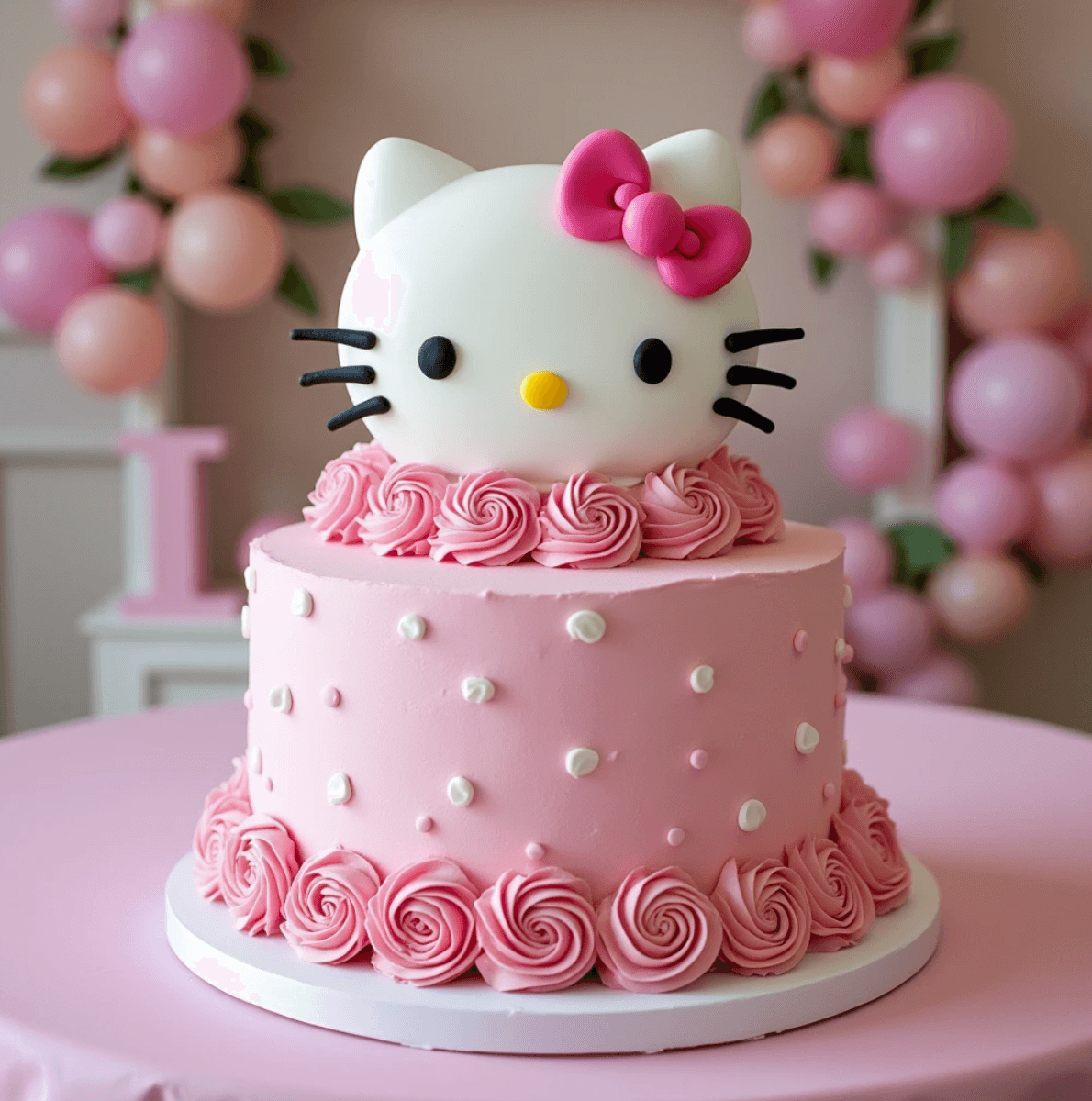 A stunning Hello Kitty cake centerpiece on a pink table with floral accents.