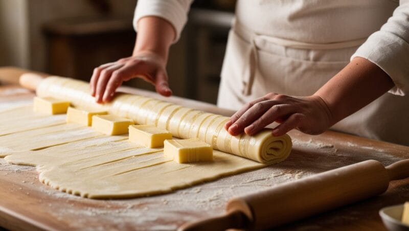 Laminating croissant dough with butter by rolling and folding.