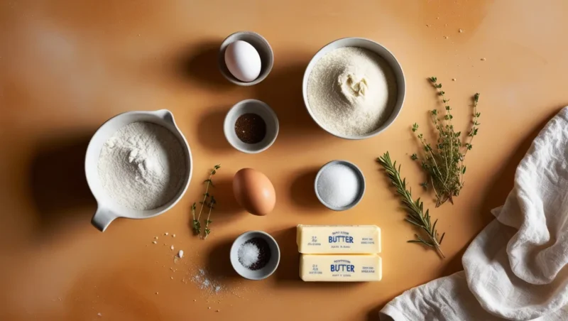 Ingredients for making cookie croissants including flour, butter, sugar, eggs, and chocolate chips.