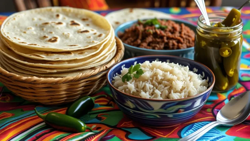 A table set with traditional accompaniments for Carne en Su Jugo, including tortillas, Mexican rice, and pickled jalapeños.