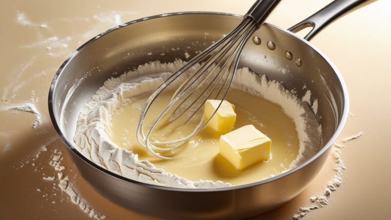Butter and flour being whisked together in a saucepan to create a roux."