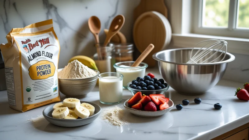 Ingredients for protein muffins on a kitchen counter with a mixing bowl and whisk.