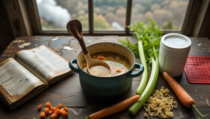 Pot of chicken soup with vegetables and noodles simmering, with chicken bouillon cubes beside it.