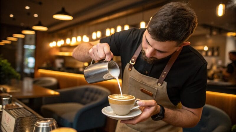 Barista making a traditional cappuccino with thick foam