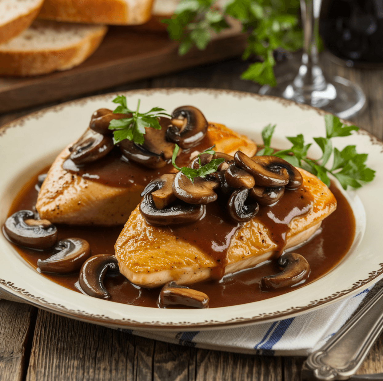 A plate of Classic Chicken Marsala with a golden-brown sauce and mushrooms, garnished with parsley on a wooden table with complementary side dishes.