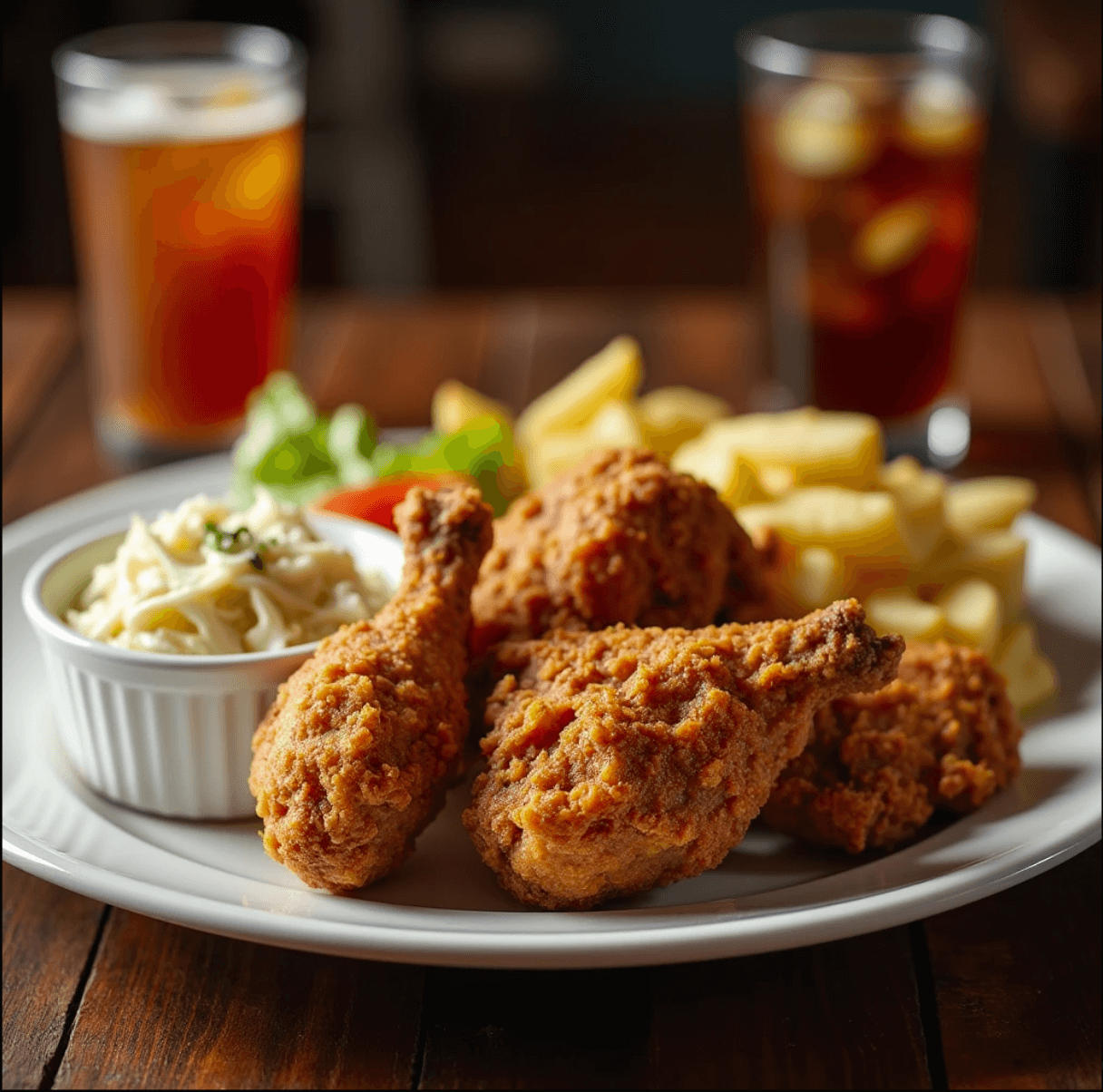 Golden Maryland fried chicken with mashed potatoes and coleslaw on a rustic table.