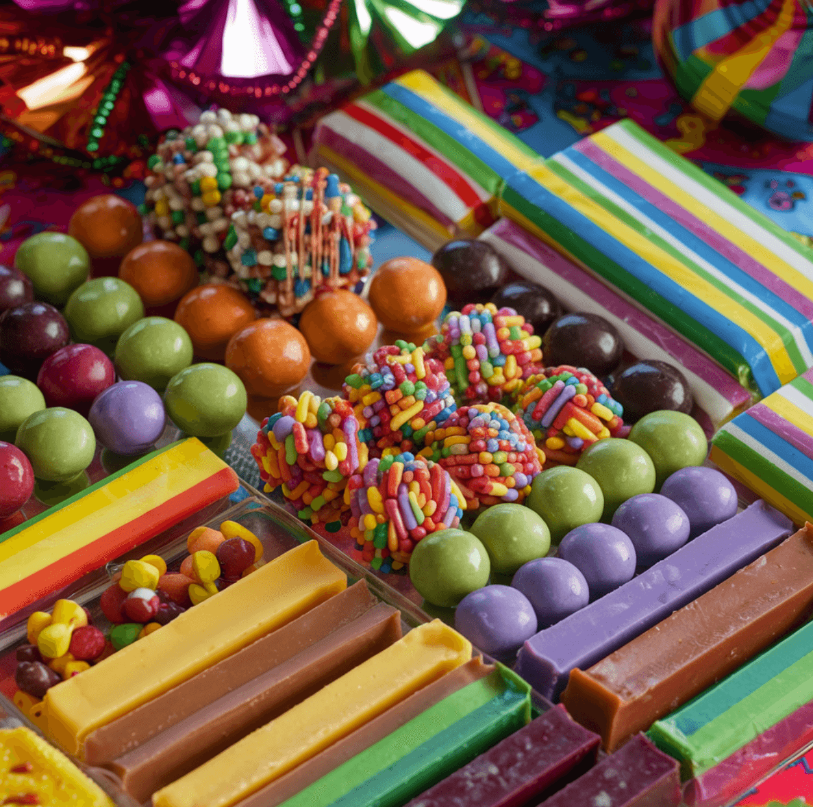 An assortment of traditional Mexican candies, including tamarindo balls, pulparindo bars, mazapán, and obleas.