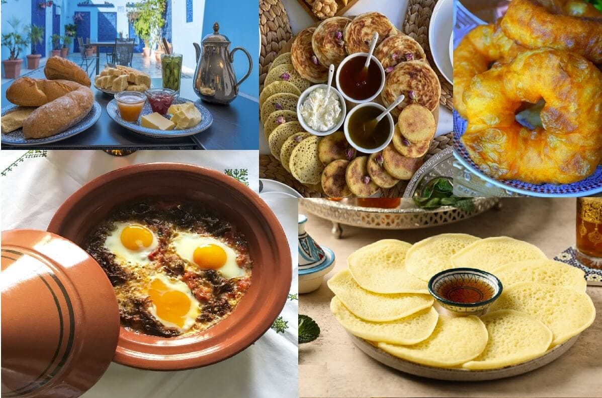 A traditional Moroccan breakfast spread with msemen, baghrir, spreads, and mint tea in a sunlit courtyard.