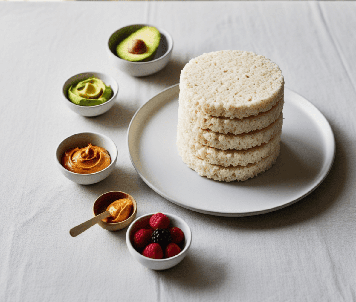 A presentation of rice cakes with a variety of toppings, perfect for a versatile snack option.