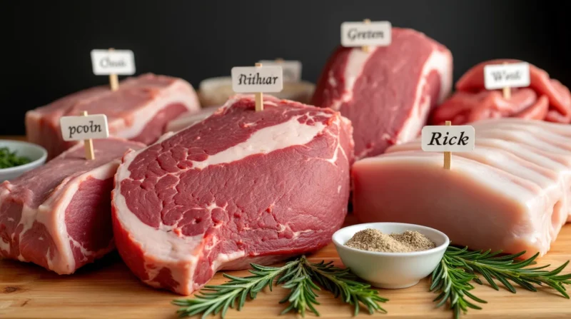 Raw meat cuts on a butcher block: brisket, pork shoulder, ribs, and chicken thighs, accompanied by rosemary and seasoning.