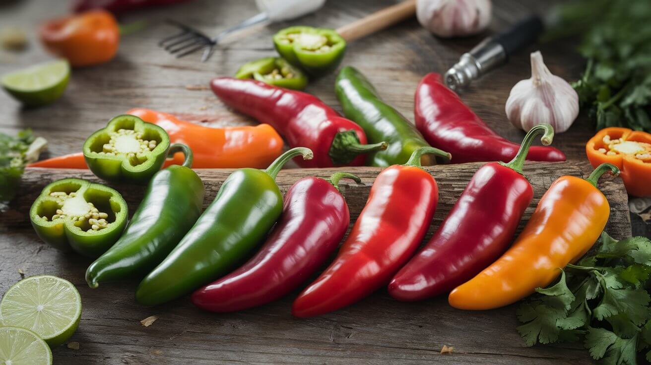 Fresh Serrano peppers in multiple colors with cooking ingredients on a wooden surface.