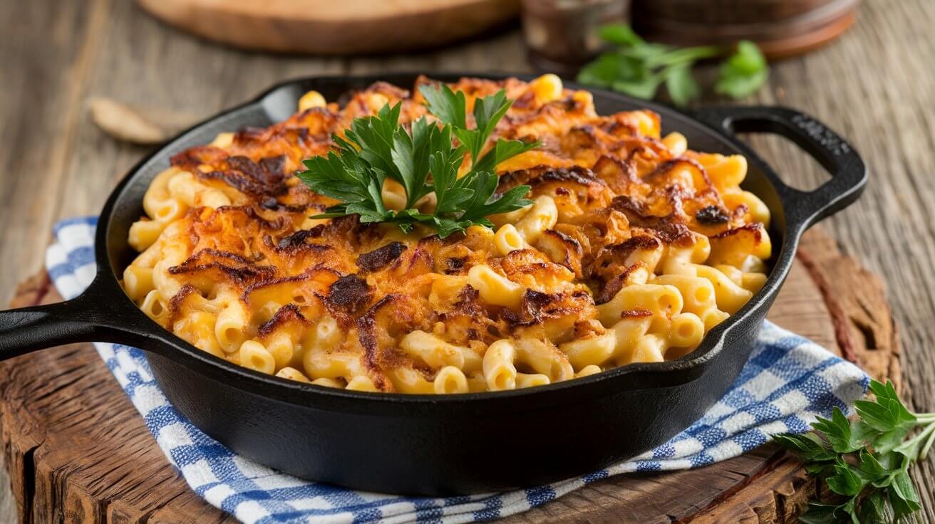 Smoked mac and cheese in a cast-iron skillet garnished with parsley.