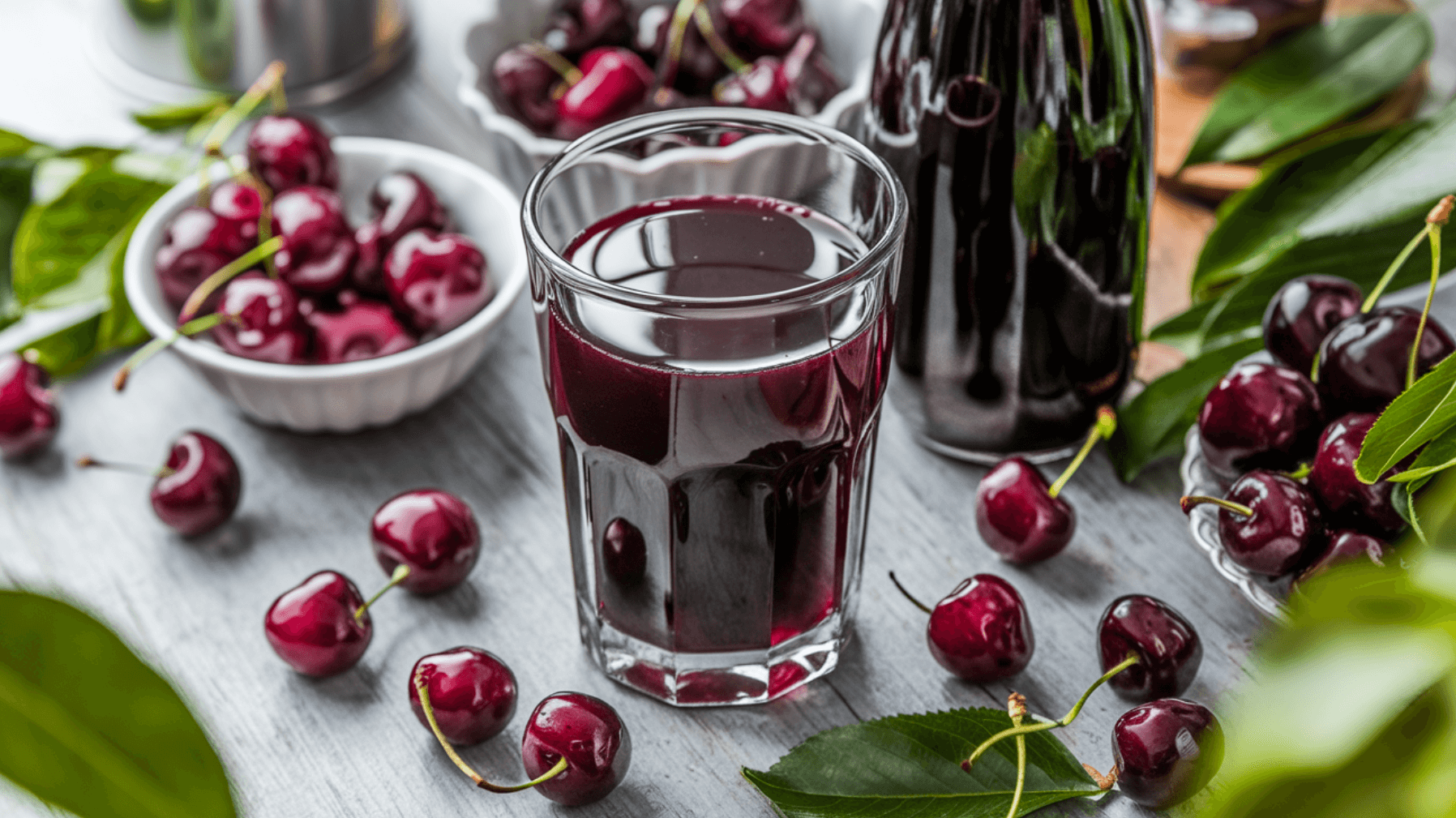 A glass of tart cherry juice surrounded by fresh cherries and a juice bottle on a wooden table.