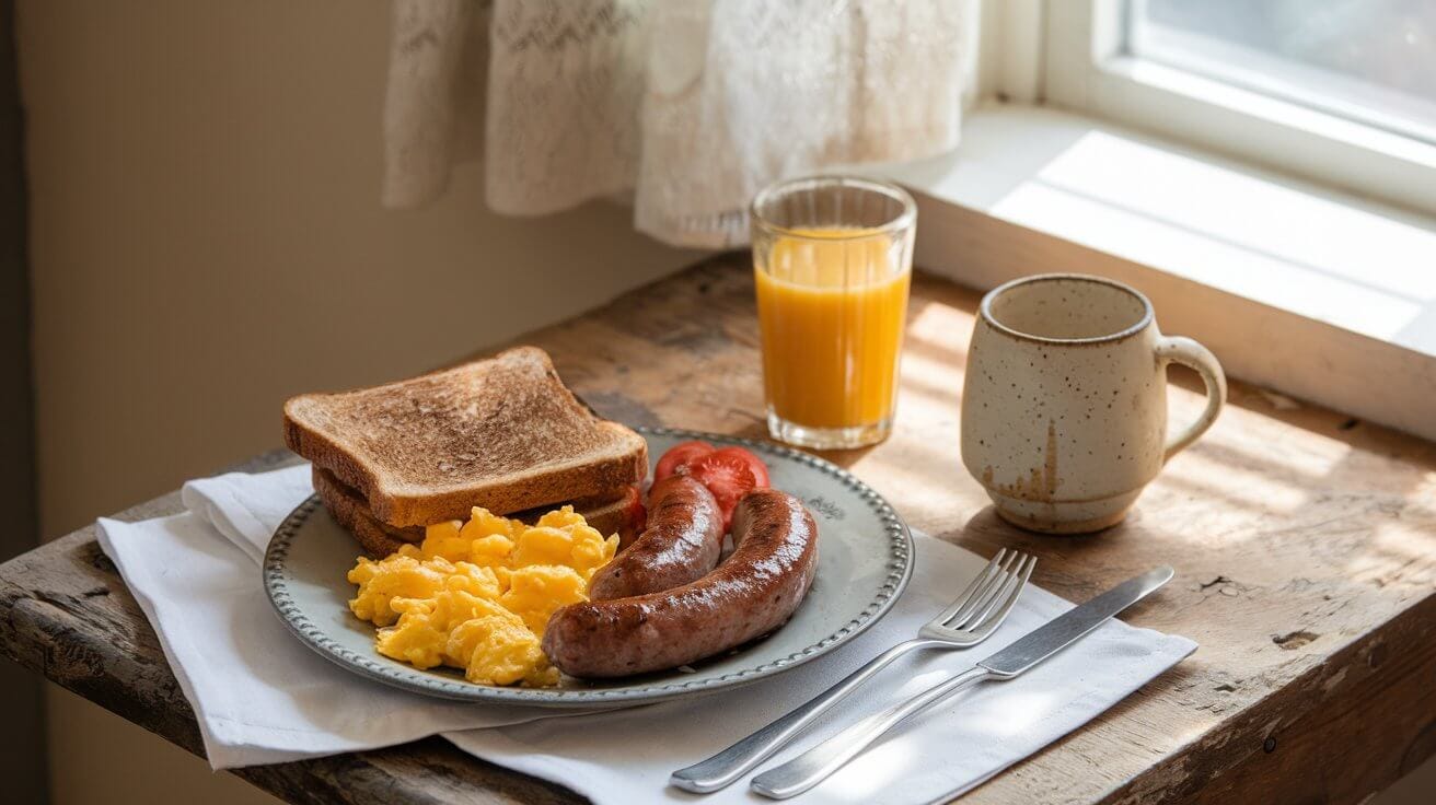 Turkey sausage breakfast plate with scrambled eggs, roasted tomatoes, and toast.