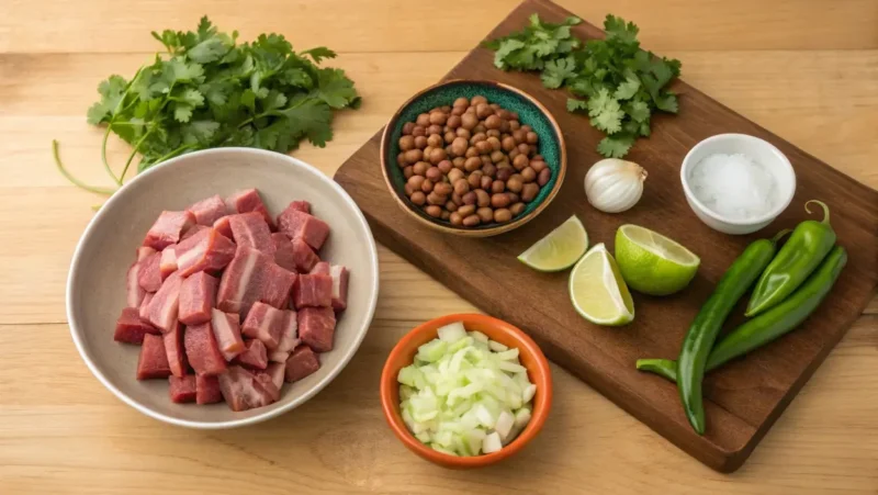 A flat-lay of fresh ingredients for Carne en Su Jugo, including diced beef, beans, tomatillos, and cilantro.