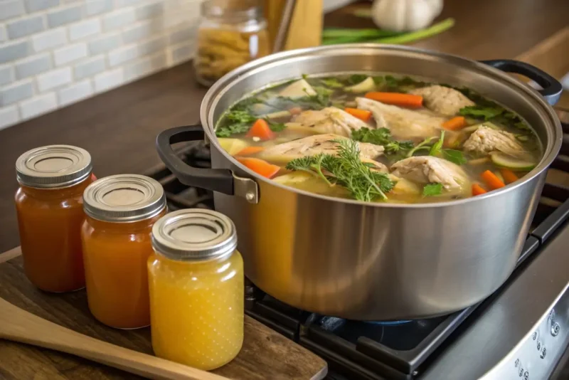 Simmering pot of chicken bones and herbs with jars of homemade bouillon in the foreground.