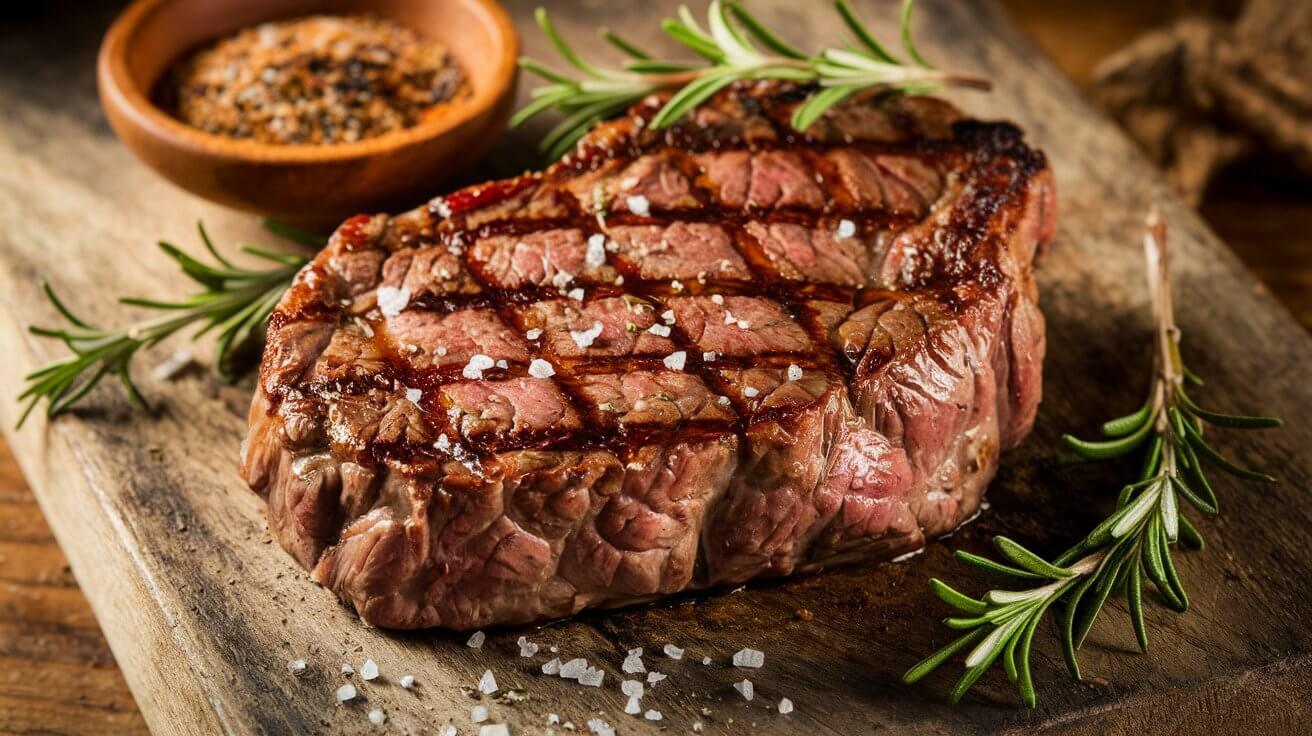 A grilled steak with a golden-brown crust and a bowl of Texas Roadhouse seasoning on a wooden cutting board.