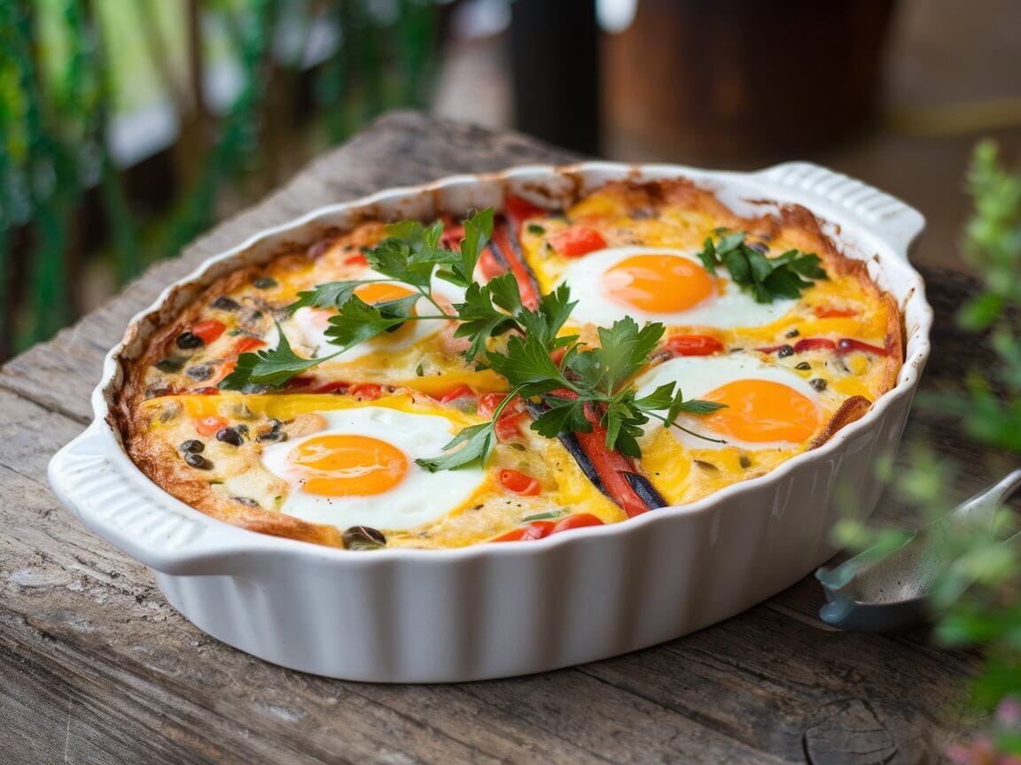 Gluten free breakfast casserole garnished with fresh herbs in a white baking dish.