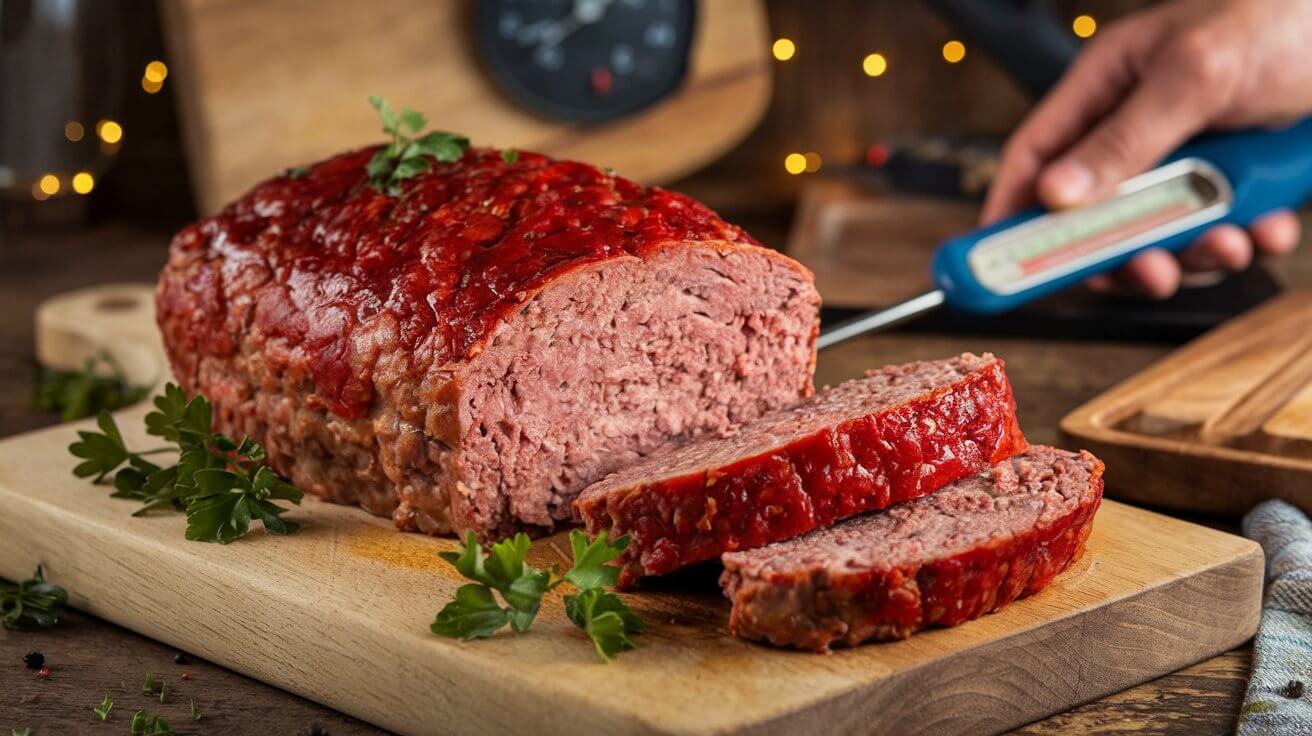 A perfectly cooked 1 lb meatloaf sliced to reveal a juicy interior, garnished with parsley on a wooden cutting board.