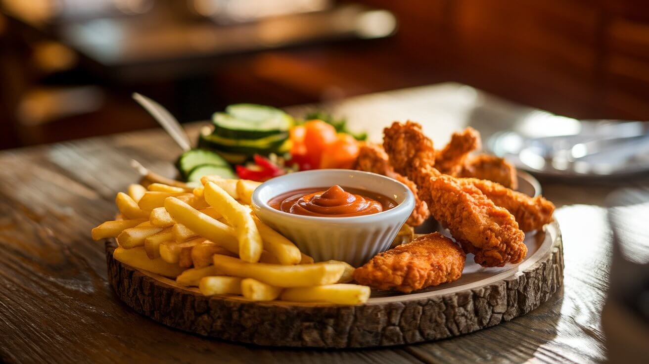 A bowl of Boom Boom Sauce surrounded by fries, chicken tenders, and fresh vegetables on a wooden table.