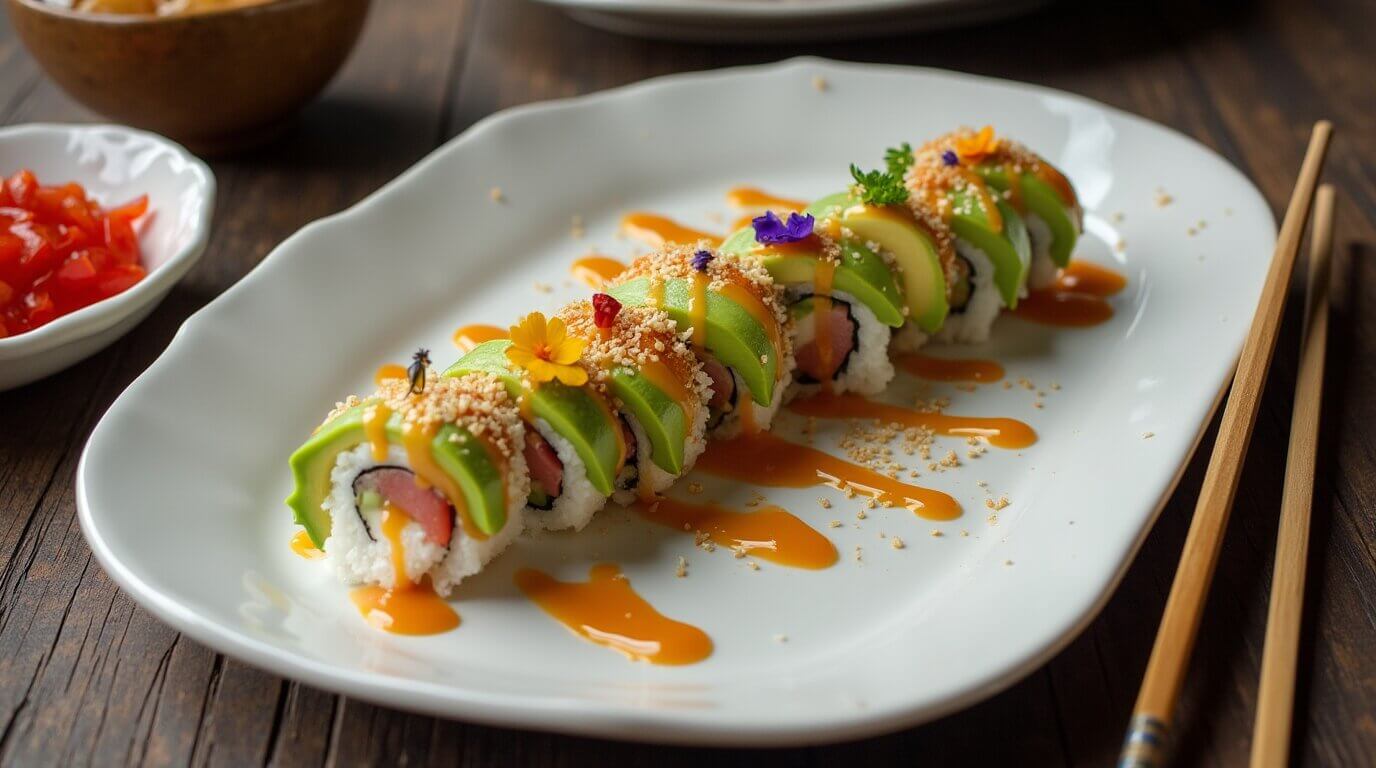 Dragon Roll sushi plated beautifully with avocado and unagi sauce.